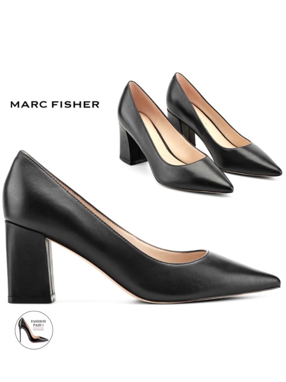 MARC FISHER Zala Black Leather Classic Pointed Toe Medium Block Heel Pumps 9